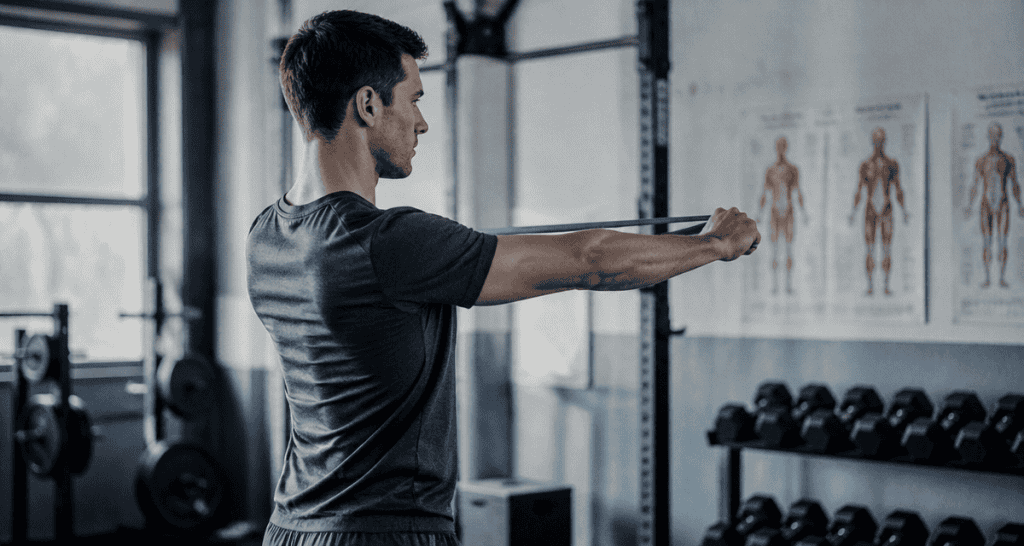 Homme exécutant un band pull apart en salle de sport