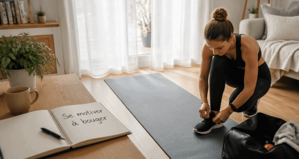comment se motiver à faire du sport femme lacets tapis yoga