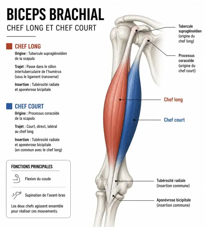 Schéma anatomique du biceps long et du biceps court pour la musculation