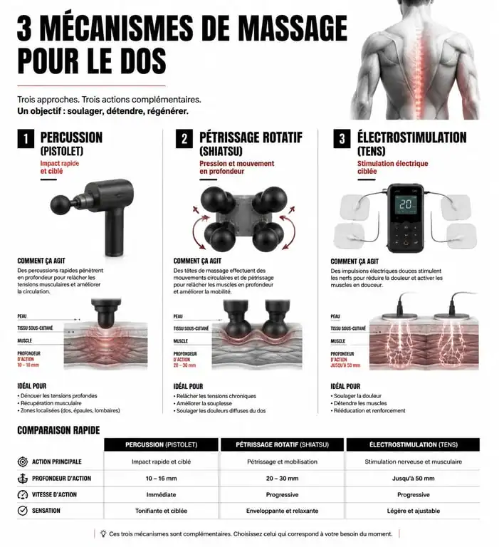 Schéma comparatif des mécanismes d'action des appareils de massage pour le dos : percussion, Shiatsu et électrostimulation.