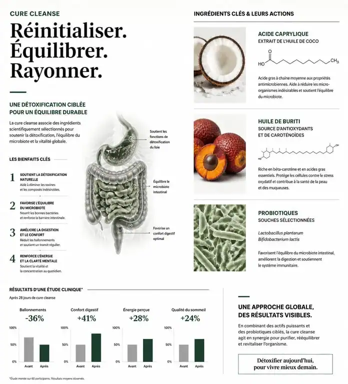 Infographie sur les bienfaits et ingrédients d'une cure cleanse pour la santé