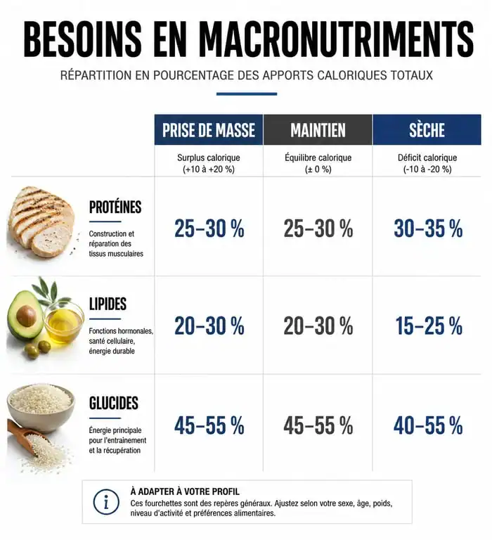 Infographie des besoins en macronutriments pour la nutrition de la force