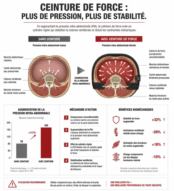 Schéma biomécanique de l'effet d'une ceinture de force sur la pression intra-abdominale et la colonne vertébrale
