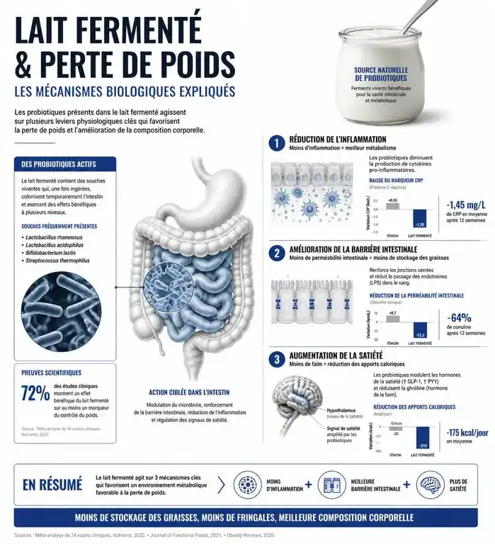 Infographie expliquant les bienfaits du lait fermenté et perte de poids via l'action des probiotiques sur le métabolisme.