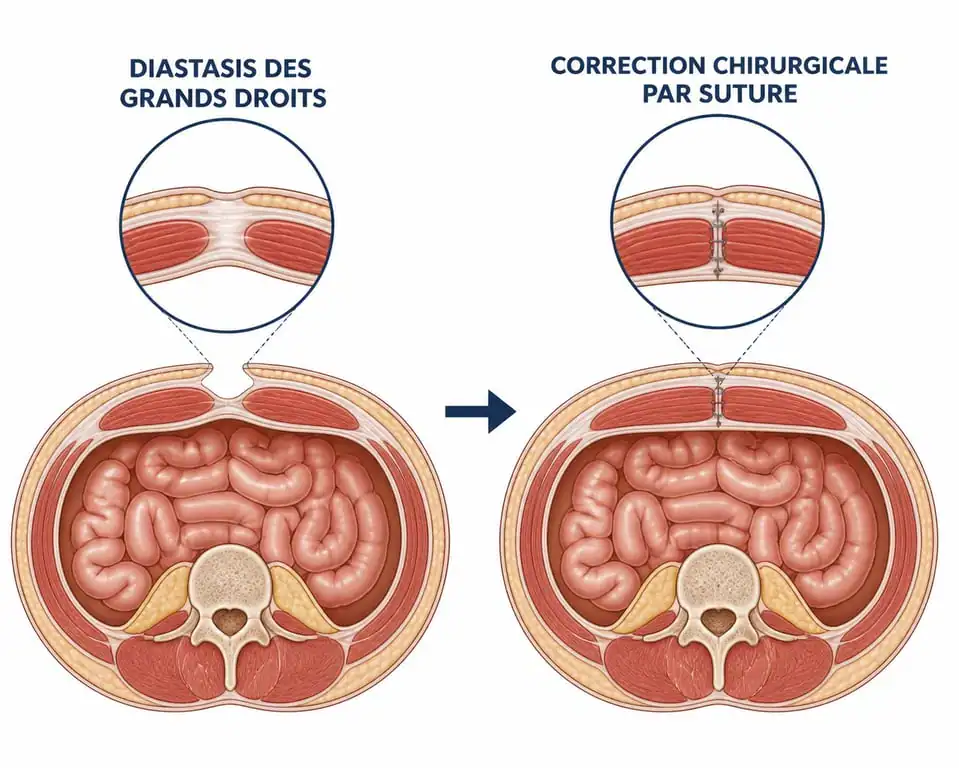 Schéma explicatif de la cure de diastasis avant après : réparation des muscles grands droits
