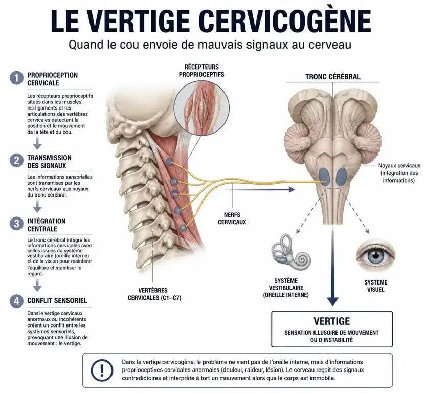 Schéma explicatif du mécanisme des vertiges cervicogènes et de la proprioception