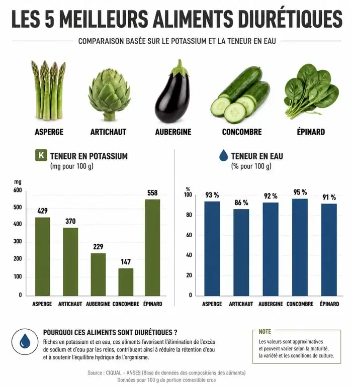 Infographie comparative des aliments diurétiques : teneur en potassium et eau des légumes pour lutter contre la rétention d'eau.
