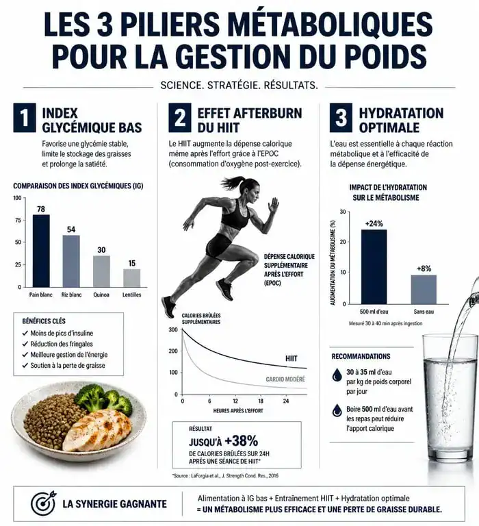 Infographie sur les piliers métaboliques pour perdre 5 kg en 10 jours de manière saine