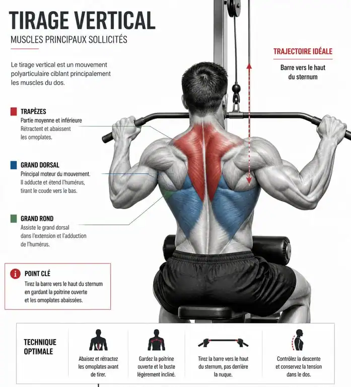 Schéma anatomique des muscles sollicités lors du tirage vertical en musculation