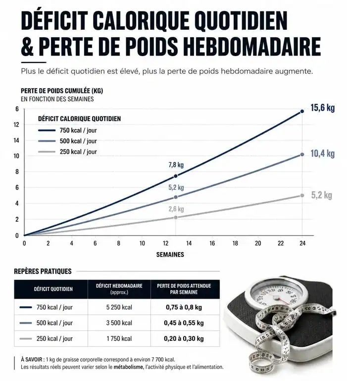 Infographie montrant la relation entre le déficit calorique et la perte de poids pour un calculateur de perte de poids