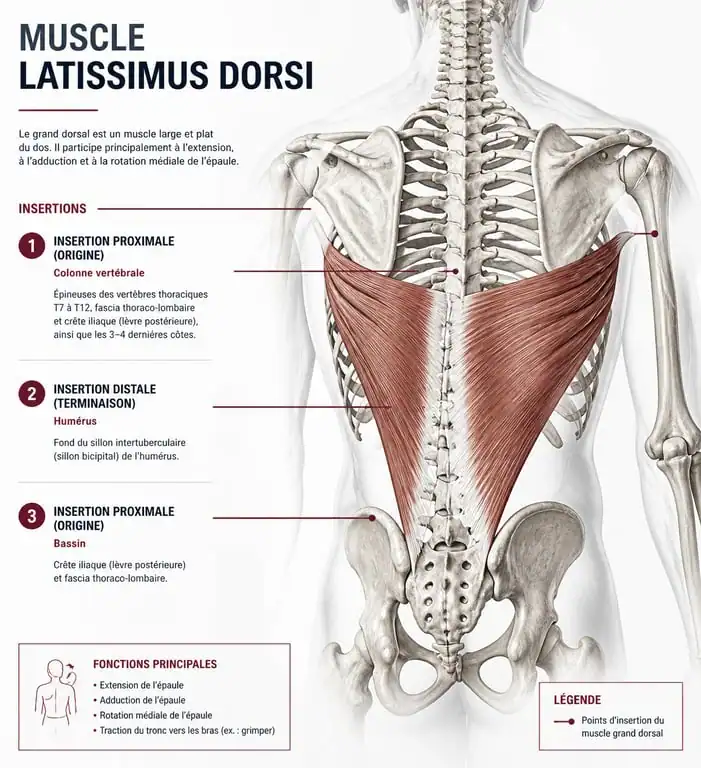 Schéma anatomique du muscle latissimus dorsi montrant ses points d'insertion