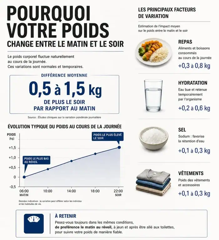 Infographie explicative sur la variation de poids entre le matin et le soir et pourquoi il ne faut pas se peser le soir