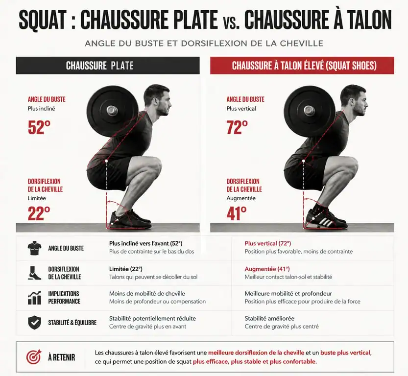 Comparaison biomécanique : squat avec chaussure plate vs chaussure de squat à talon surélevé