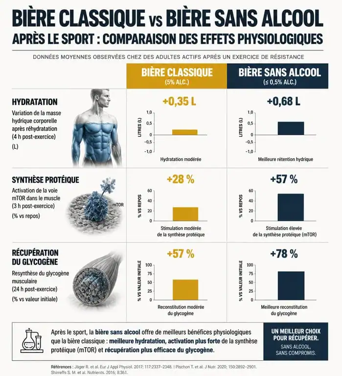 Infographie sur les effets physiologiques de la bière après le sport et la récupération musculaire