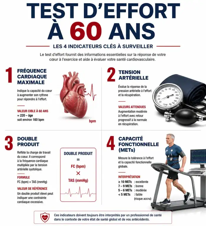 Infographie des indicateurs clés pour un test d'effort à 60 ans