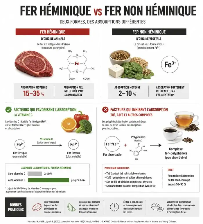 Infographie sur l'absorption du fer alimentaire et les sources de fer héminique et non héminique