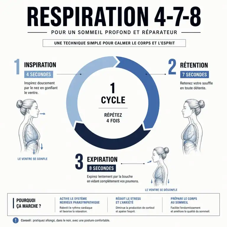 Infographie illustrant la technique de respiration 4-7-8 pour mieux dormir quand on n'y arrive pas
