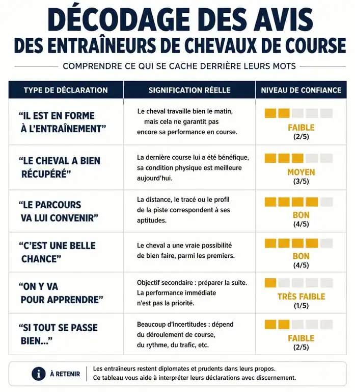 Infographie de décodage des avis des entraîneurs pour les courses hippiques