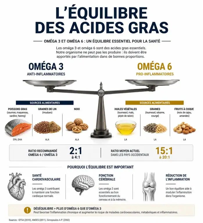 Infographie sur l'équilibre des oméga 3 et 6 et leurs sources alimentaires pour la santé