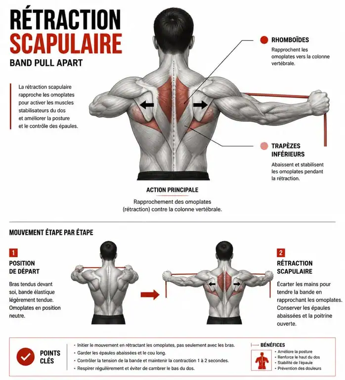 Schéma technique du mouvement band pull apart pour le renforcement des omoplates