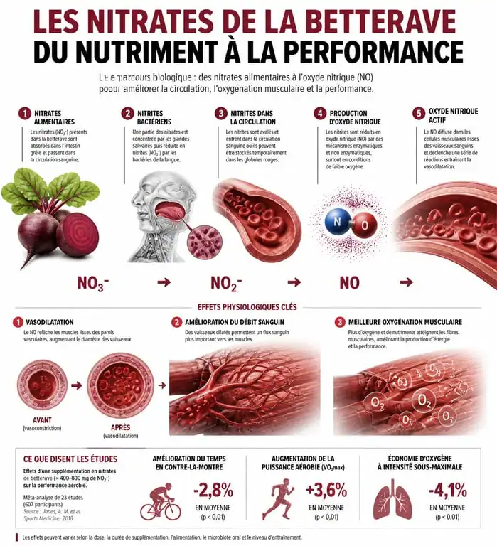 Infographie sur les bienfaits de la betterave et le mécanisme de l'oxyde nitrique pour la santé cardiovasculaire