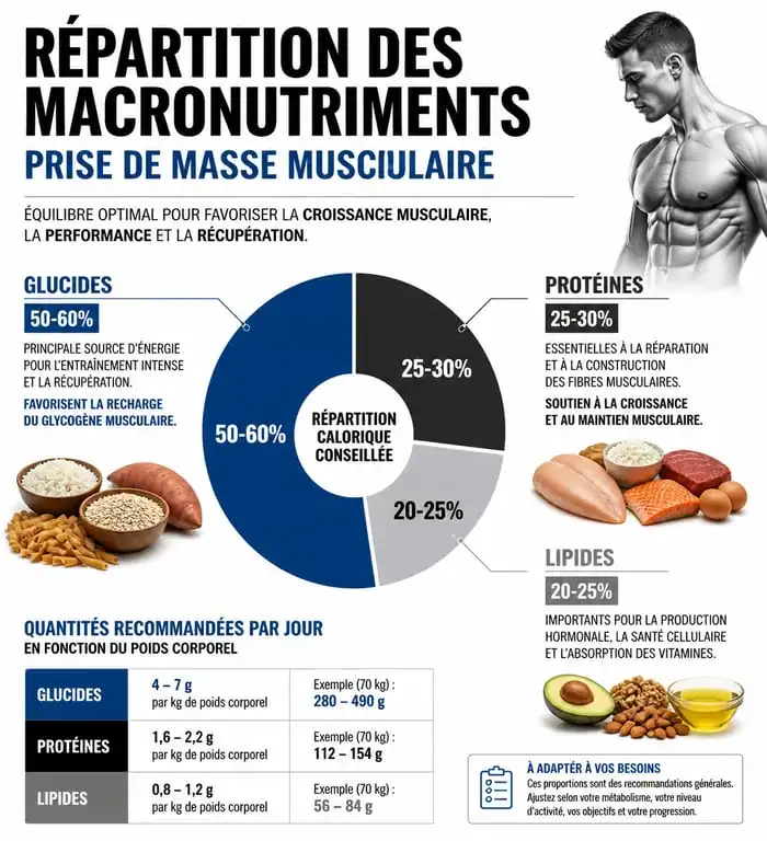 Infographie sur la répartition des macronutriments pour une prise de masse musculaire efficace