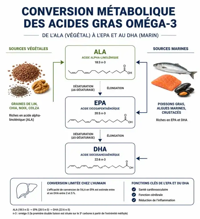 Schéma explicatif de la conversion des acides gras oméga 3 ALA, EPA et DHA pour la santé