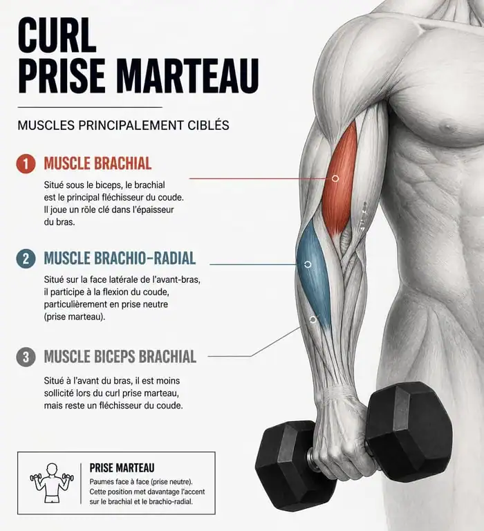 Schéma anatomique des muscles sollicités par le curl prise marteau
