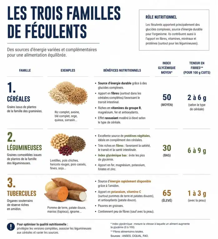 Infographie des catégories et bienfaits nutritionnels des féculents pour une alimentation équilibrée