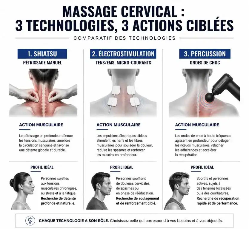 Comparatif des technologies d'appareil de massage cervicales : Shiatsu, TENS et Percussion pour choisir le meilleur modèle.