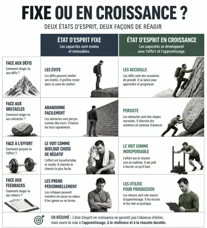 Infographie comparative des différences entre le fixed mindset et le growth mindset pour le développement personnel