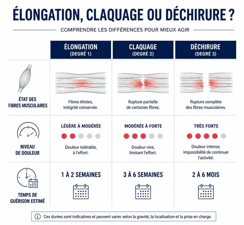 Infographie comparative des lésions musculaires : élongation, claquage et déchirure