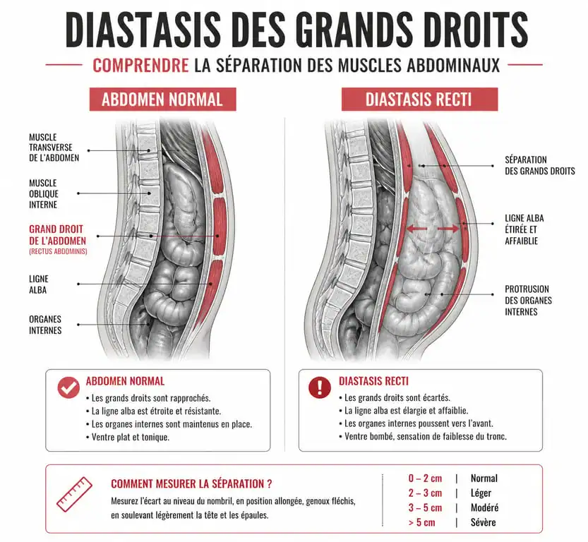 Schéma explicatif du diastasis abdominal montrant la séparation des muscles grands droits et le mécanisme du ventre gonflé