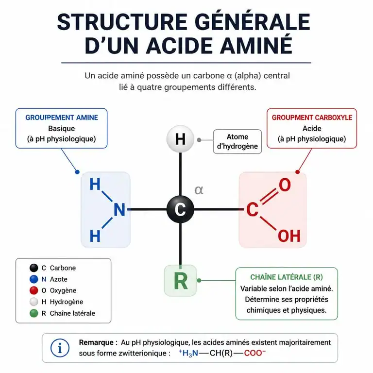 Schéma de la structure des acides aminés avec le carbone alpha et ses groupements fonctionnels