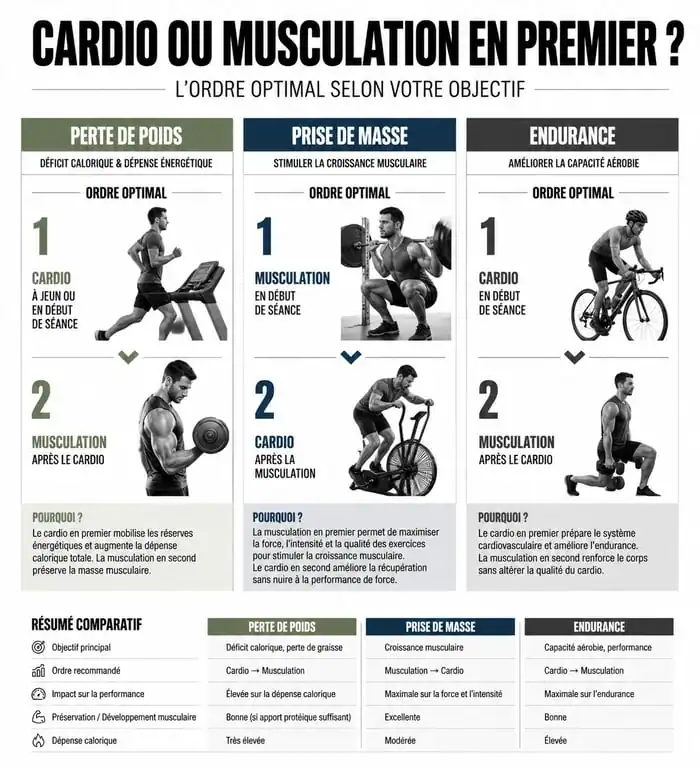 Infographie comparative : cardio avant ou après la musculation selon vos objectifs sportifs