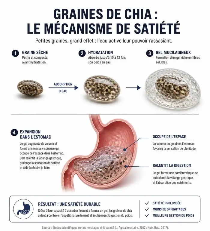 Infographie expliquant le mécanisme de satiété et l'absorption d'eau des graines de chia pour la perte de poids