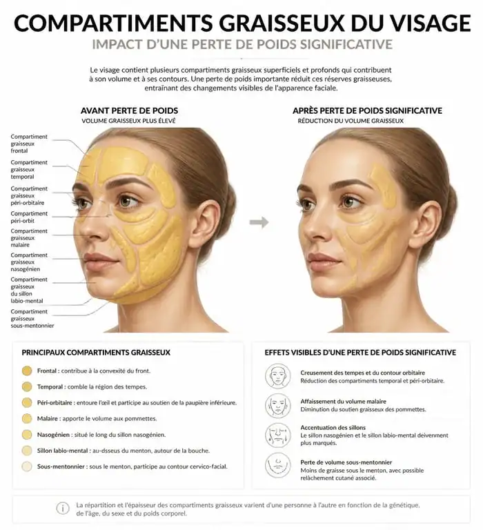 Schéma anatomique des compartiments graisseux du visage avant et après une perte de poids