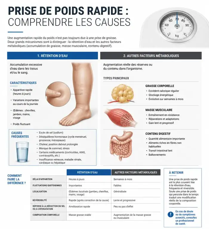 Infographie explicative des causes de la prise de poids rapide et rétention d'eau