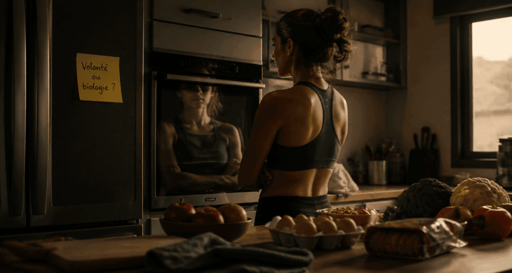 je veux maigrir mais je n ai aucune volonte femme devant aliments sains et biscuits