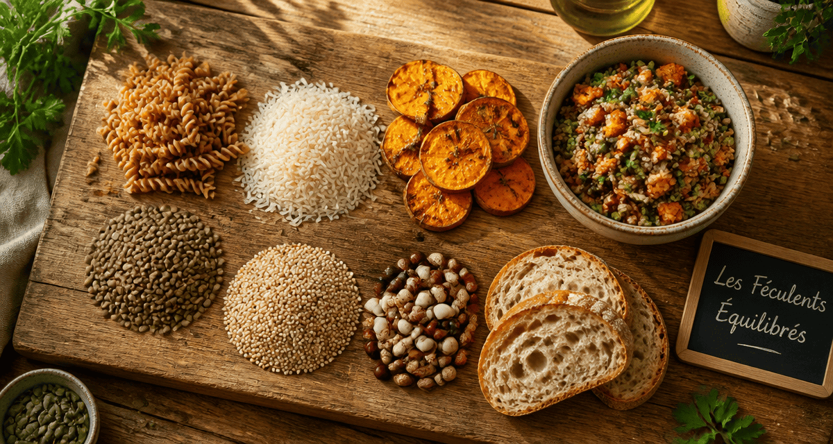 listes de féculents en planche bois avec salade