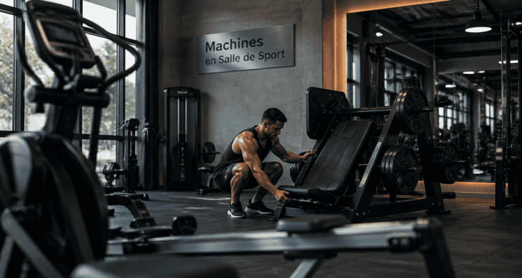 Machine en salle de sport avec rameur, vélo elliptique et presse à cuisses