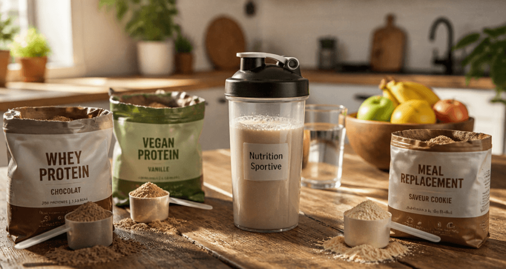 shaker proteine work sur table avec sachets poudre