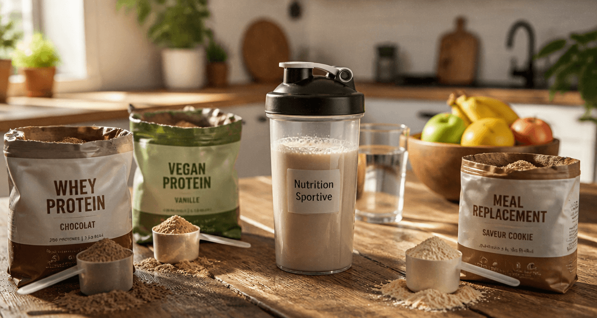 shaker proteine work sur table avec sachets poudre