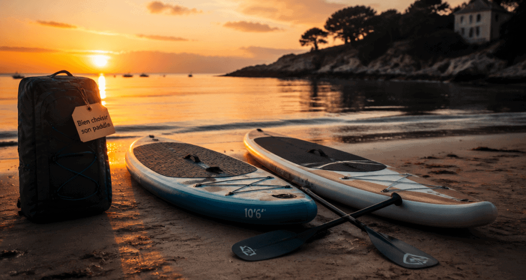 stand up paddle board gonflable et rigide côte à côte sur sable au lever du soleil
