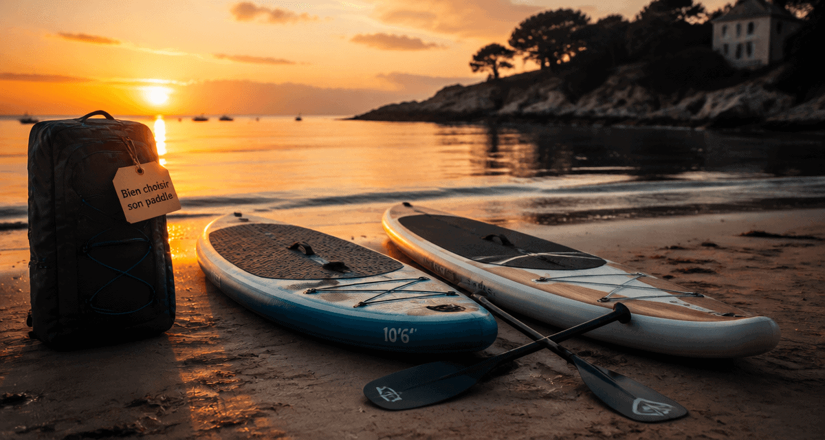 stand up paddle board gonflable et rigide côte à côte sur sable au lever du soleil