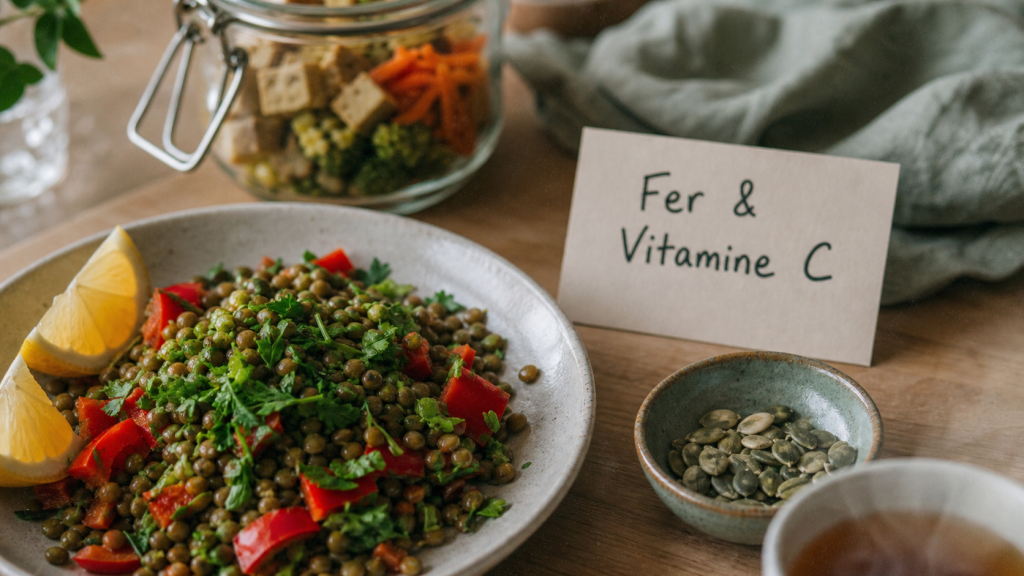 Aliments avec beaucoup de fer : salade de lentilles et vitamine C