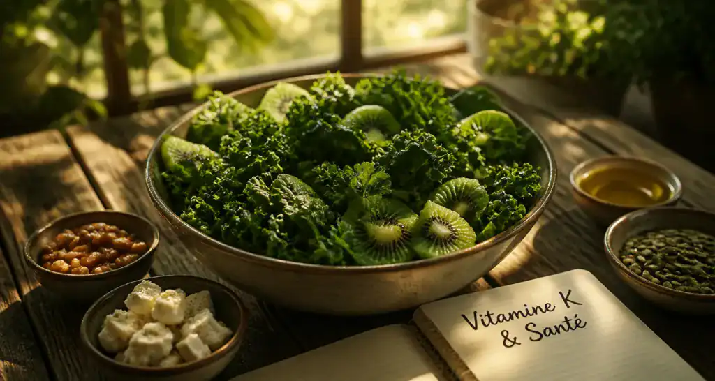 aliments riches en vitamine k sur table rustique