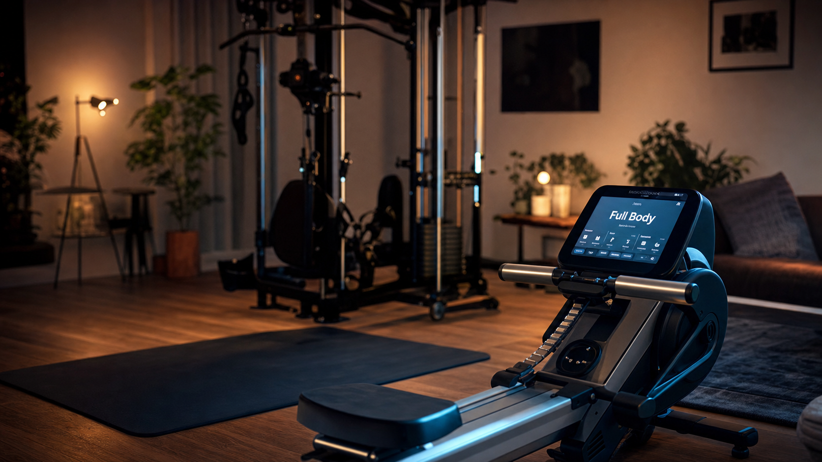 Appareil de sport qui fait travailler tout le corps : rameur, elliptique et station homegym.