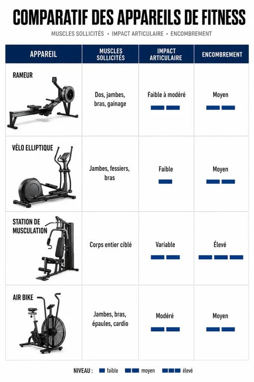 Infographie comparative des meilleurs appareils de sport pour faire travailler tout le corps à la maison