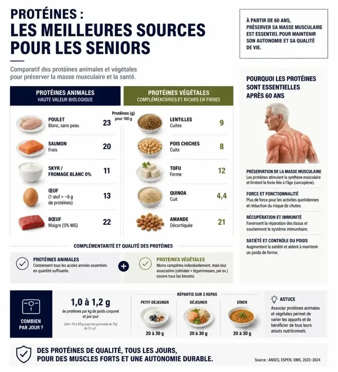 Infographie sur les aliments riches en protéines pour personnes âgées et leurs bienfaits musculaires